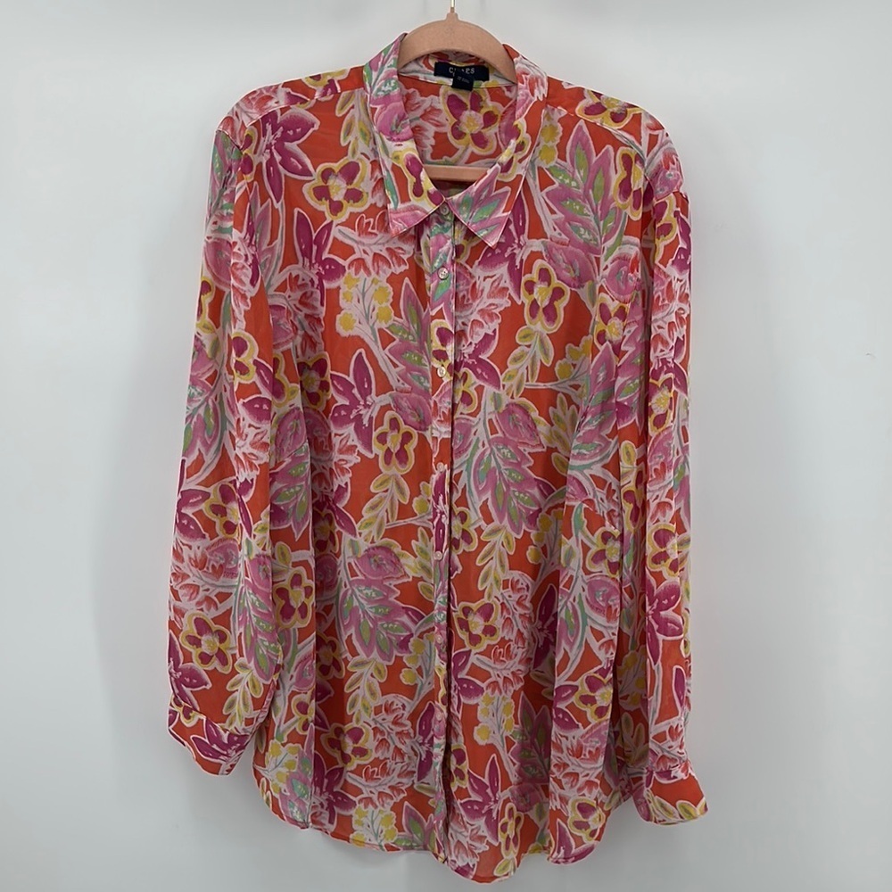 Chaps Pink and Yellow Floral Button Down Blouse Size 3X